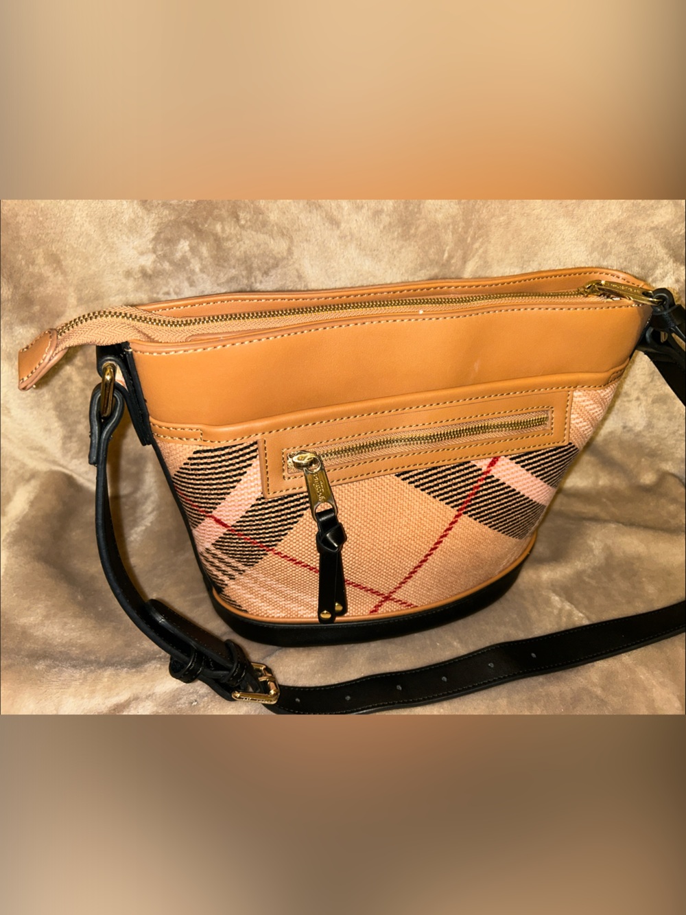 Spartina 449 Tan Nova Plaid Linen Leather Preppy Crossbody Bucket Tote Bag - Picture 13 of 16